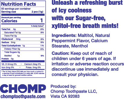 Nutrition facts label and product description for Chomp breath mints with blue text on a white background.