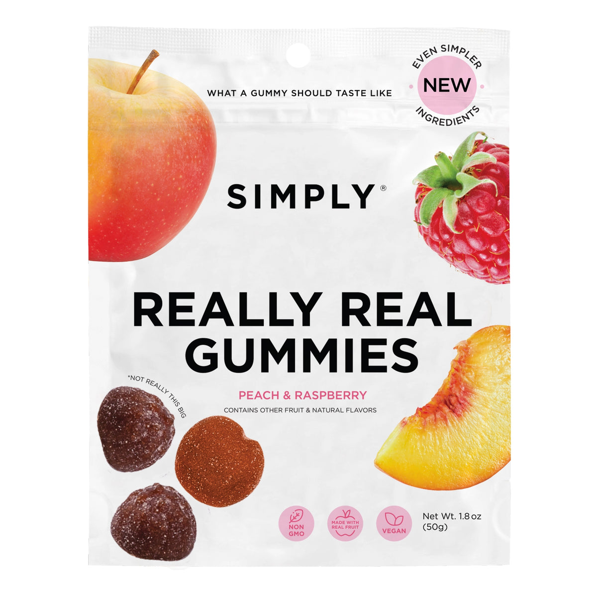 Package of Simply Really Real Gummies with fruit images and text on a white background