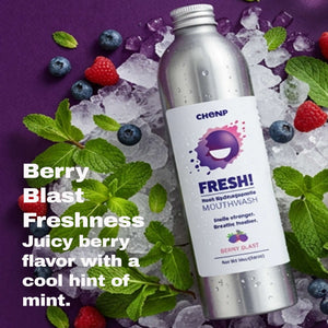 Bottle of CHENP Fresh! Mouthwash with berries and ice on a purple background