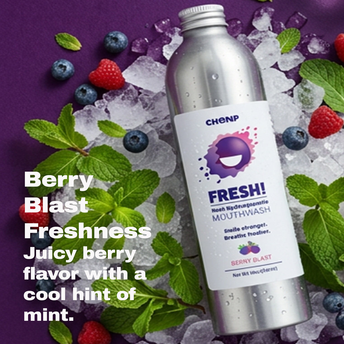 Bottle of CHENP Fresh! Mouthwash with berries and ice on a purple background
