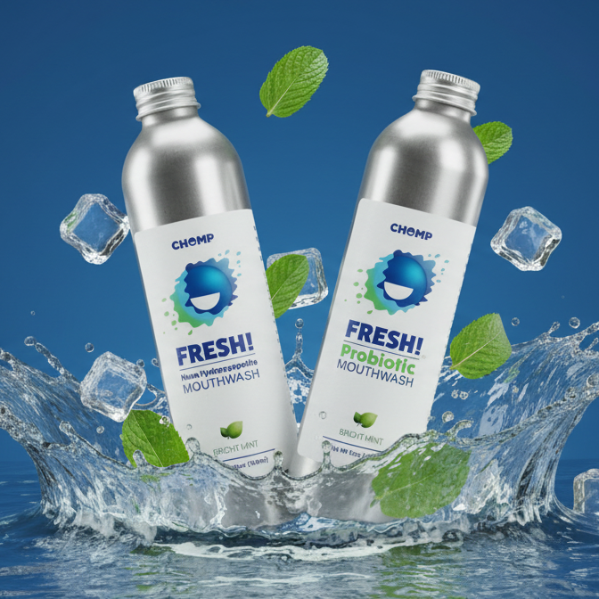 Two bottles of Fresh mouthwash with ice cubes and green leaves on a blue background