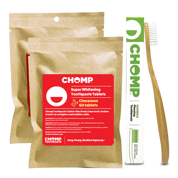 CHOMP Cinnamon Toothpaste Tablets Refills with Flossing Toothbrush