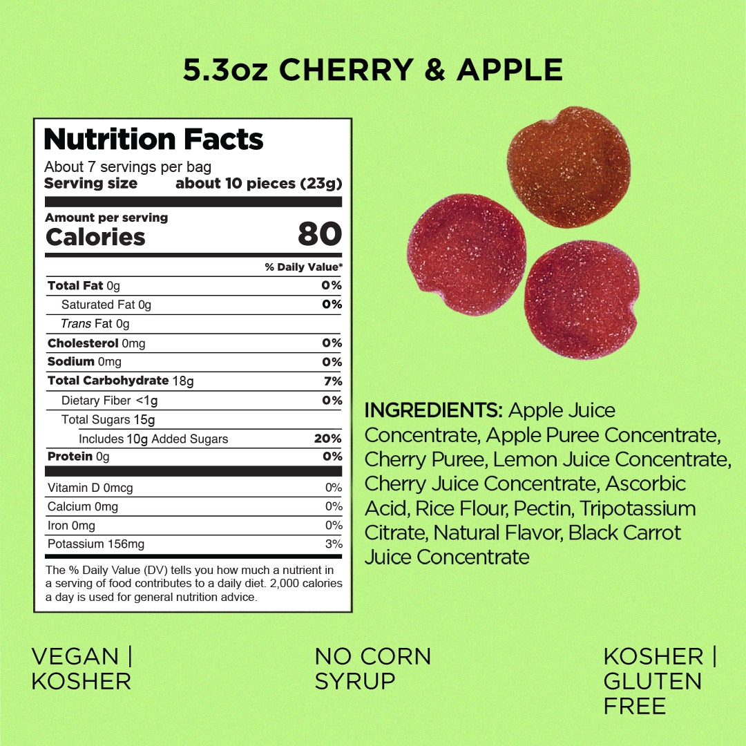 Nutrition facts label and ingredients list for cherry and apple product on a green background
