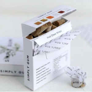 Open box of Simply Gum Post Chew Wraps with a single wrap on a white background