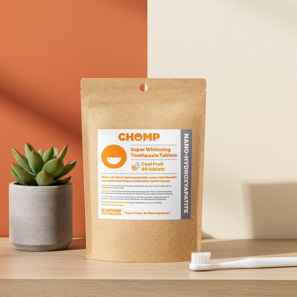 CHOMP toothpaste tablets packaging on a wooden surface with a plant and toothbrush in the background.