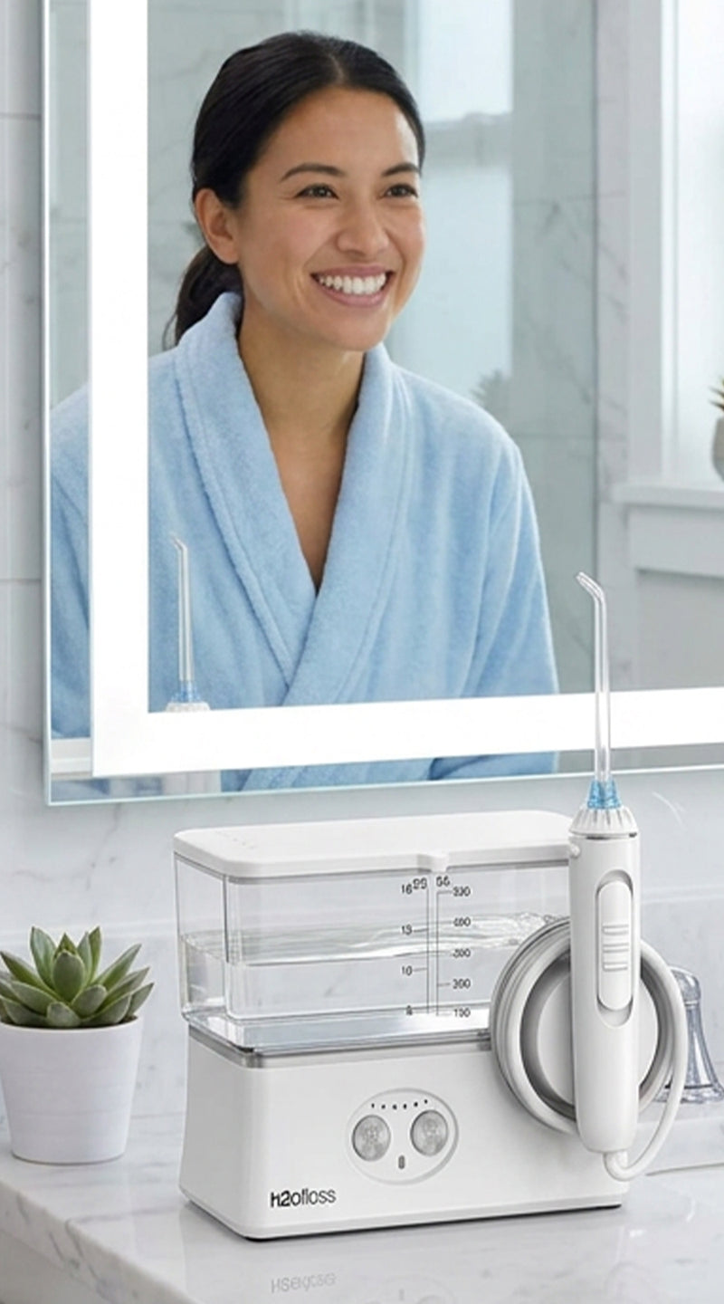 A white and clear oral irrigator water flosser set with a matching wand, displayed on a bathroom counter in front of a mirror showing a smiling woman in a blue robe.
