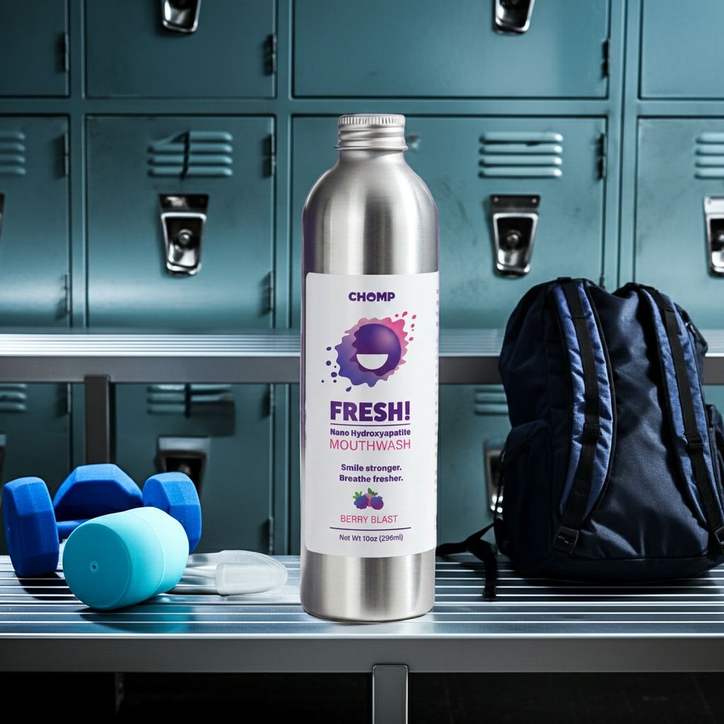 Mouthwash bottle labeled 'Fresh' in front of lockers with gym equipment.