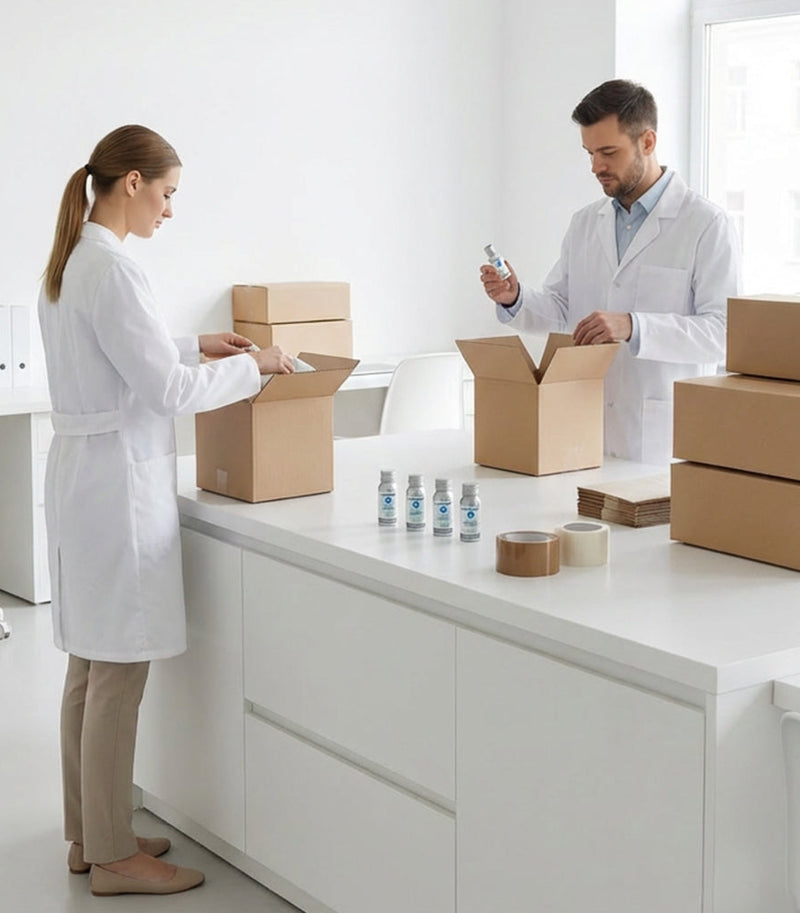 Two people in lab coats packaging items in a clinical setting