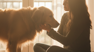 A woman sits on the floor in a warmly lit room, gently touching the head of a golden retriever standing beside her. The scene is backlit by bright sunlight coming through large windows, casting a strong silhouette over the floor and curtains.