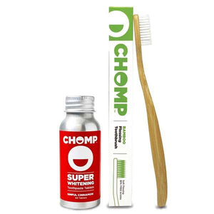 Chomp cinnamon whitening toothpaste tablet bottle with toothbrush