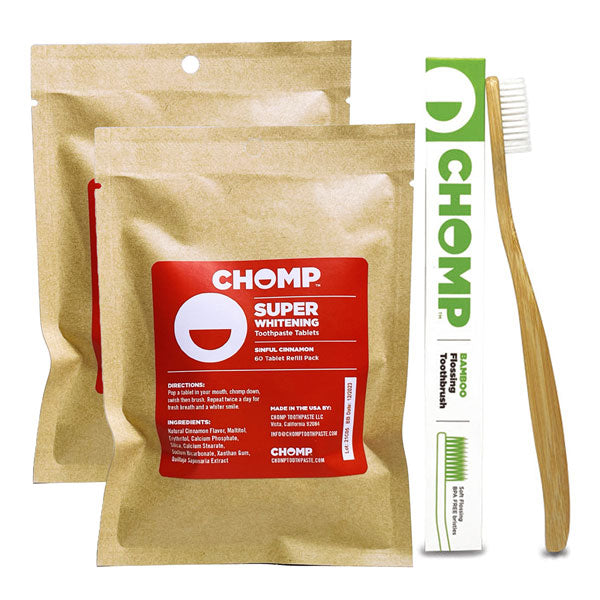 chomp cinnamon whitening toothpaste with 2 toothbrushes